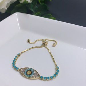*NO FADE* Adjustable Sterling Silver Plated CZ Zircon Evil Eyes Charm Bracelet